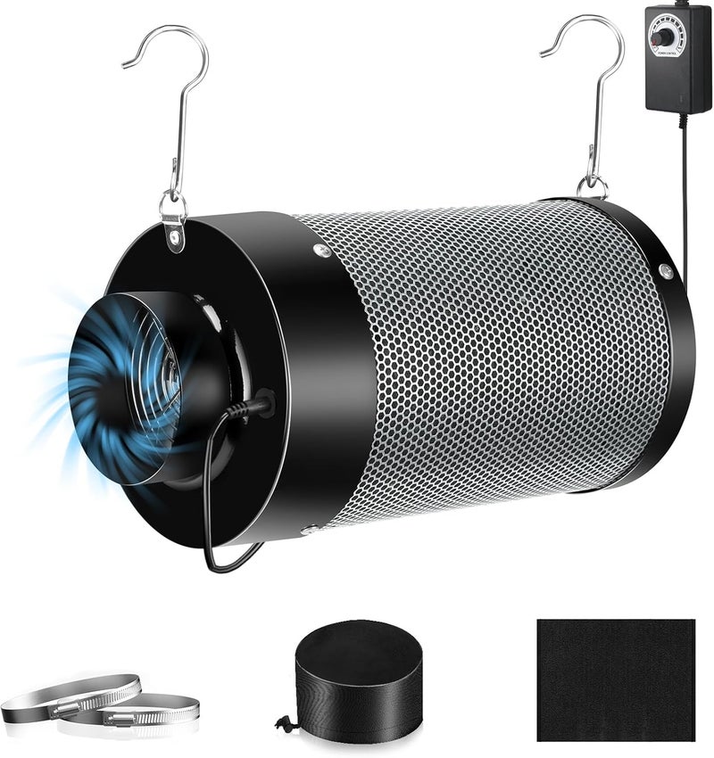 ATOUR 4 Inch Air Carbon Filter with Australian Virgin Charcoal – Odor Control. Built-in 5.5" Quiet Fan with Speed Control, for Inline Duct Fans & Grow Tents. Includes Vent Cover + Pre-Filter 4"x13.4" - Image 1